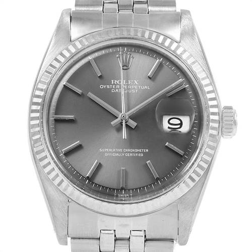 The image shows the front view of the Rolex Vintage Collection 1601 Men's Stainless Steel Grey Dial 1601 Men's Stainless Steel Grey Dial model watch, highlighting its dial, hands, date window, and bracelet.