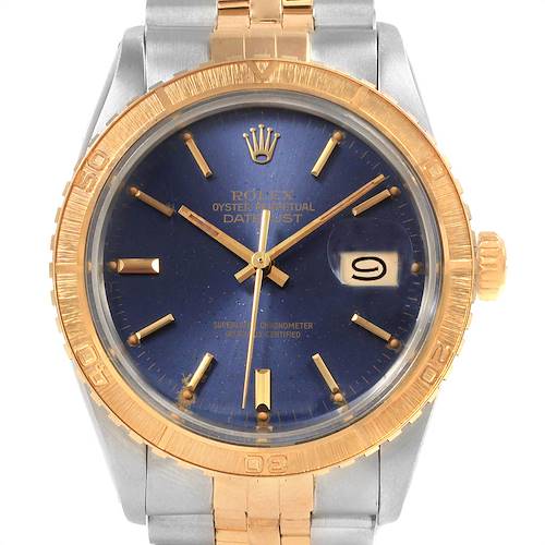 The image shows a Rolex Vintage Collection 16253 Men's Steel and Gold (two tone) Blue Dial 16253 Men's Steel and Gold (two tone) Blue Dial Datejust watch with a blue dial, gold bezel, and gold and silver bracelet, viewed from the front.