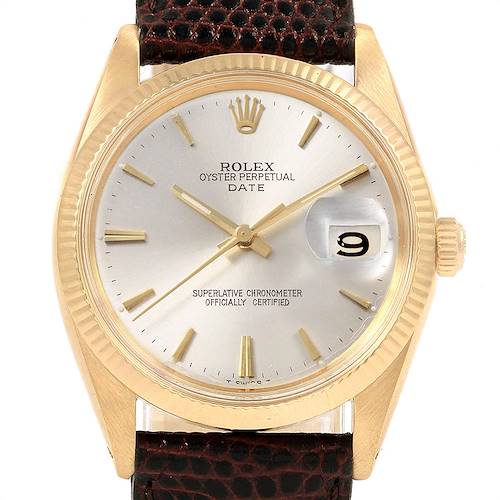 The image shows a Rolex Vintage Collection 1503 Men's Yellow Gold Silver Dial 1503 Men's Yellow Gold Silver Dial Oyster Perpetual Date watch, displaying the dial, bezel, crown, and part of the strap.