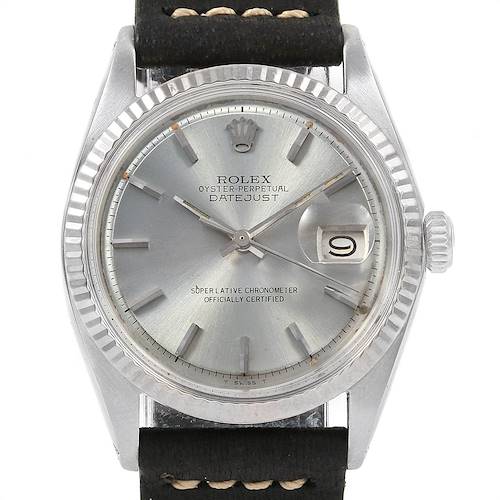 The image shows a front view of the Rolex Vintage Collection 1601 Men's Stainless Steel Silver Dial 1601 Men's Stainless Steel Silver Dial Datejust watch, including its dial, bezel, crown, and strap.