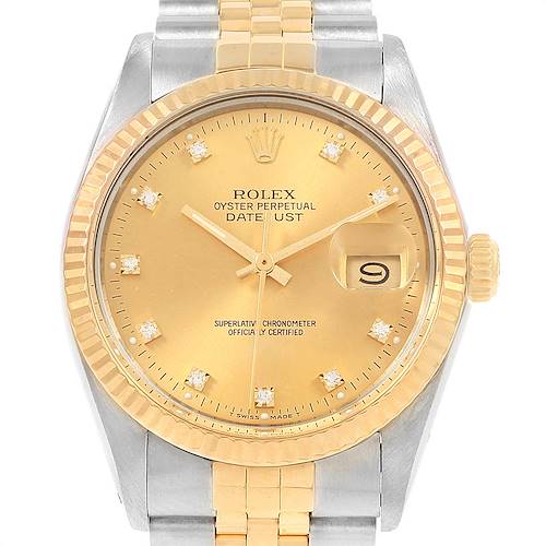 The image shows a front view of the Rolex Vintage Collection 16013 Men's Stainless Steel Champagne Dial 16013 Men's Stainless Steel Champagne Dial Oyster Perpetual Datejust with a gold dial and a two-tone bracelet.