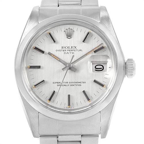 The image shows a Rolex Vintage Collection 1500 Men's Stainless Steel Silver Dial 1500 Men's Stainless Steel Silver Dial Oyster Perpetual Date watch from the front, displaying the dial, hands, and bracelet.