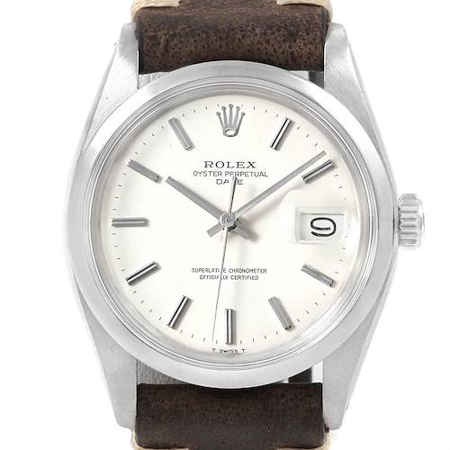This Rolex Vintage Collection 1500 Men's Stainless Steel White Dial 1500 Men's Stainless Steel White Dial watch is shown from the front, displaying the dial, hands, crown, date window, and part of the leather strap.