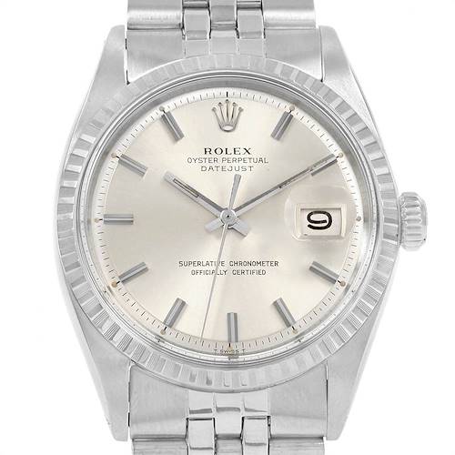 The image shows a front close-up of the dial and bracelet of the Rolex Vintage Collection 1603 Men's Stainless Steel Silver Dial 1603 Men's Stainless Steel Silver Dial Oyster Perpetual Datejust.