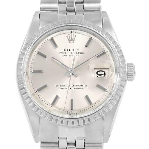 This image shows a front view of the Rolex Vintage Collection 1603 Men's Stainless Steel Silver Dial 1603 Men's Stainless Steel Silver Dial Oyster Perpetual Datejust, displaying the dial, hands, bezel, and bracelet.