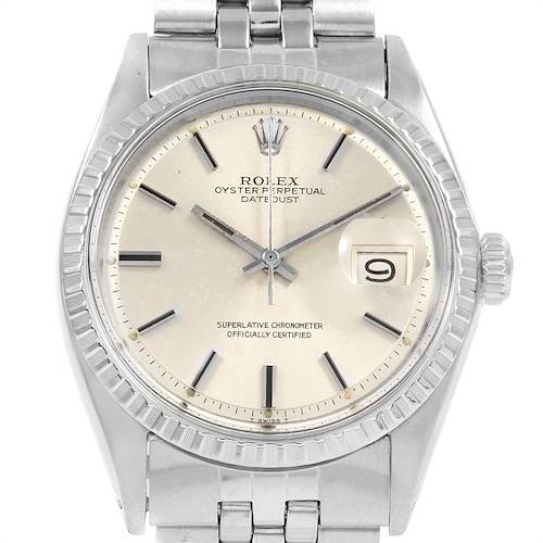 This is a front-view image of a Rolex Vintage Collection 1603 Men's Stainless Steel Silver Dial 1603 Men's Stainless Steel Silver Dial Oyster Perpetual Datejust watch, showing the dial, hands, date window, and bracelet.