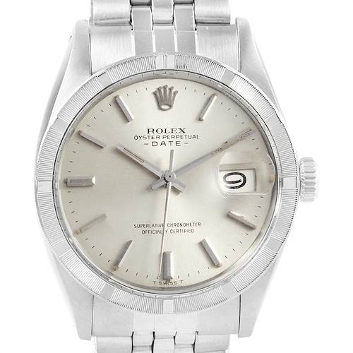This image shows a front view of the Rolex Vintage Collection 1501 Men's Stainless Steel Silver Dial 1501 Men's Stainless Steel Silver Dial model watch, displaying its dial, bezel, and part of the bracelet.