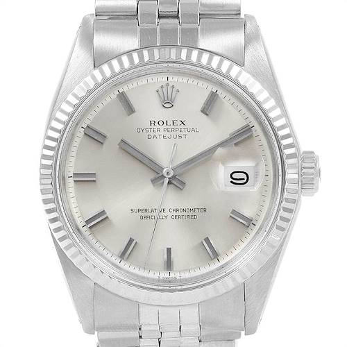 The image shows a front view of the Rolex Vintage Collection 1601 Men's Stainless Steel Silver Dial 1601 Men's Stainless Steel Silver Dial Oyster Perpetual Datejust watch, displaying the dial and part of the bracelet.