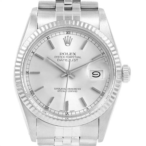 The image shows the front view of a Rolex Vintage Collection 16014 Men's Stainless Steel Silver Dial 16014 Men's Stainless Steel Silver Dial Oyster Perpetual Datejust, highlighting its dial, hands, bezel, and bracelet.