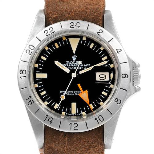 The image shows a front view of the Rolex Vintage Collection 1655 Men's Stainless Steel Black Dial 1655 Men's Stainless Steel Black Dial Explorer model, highlighting its face, dial, and bezel.