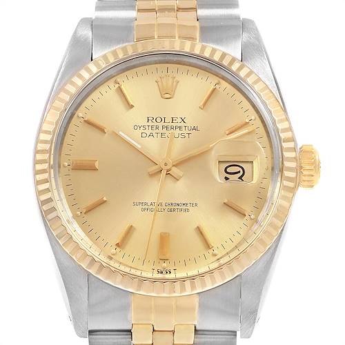 This image shows the face, dial, and partial bracelet of the Rolex Vintage Collection 16013 Men's Stainless Steel Champagne Dial 16013 Men's Stainless Steel Champagne Dial model Datejust watch from a front angle.