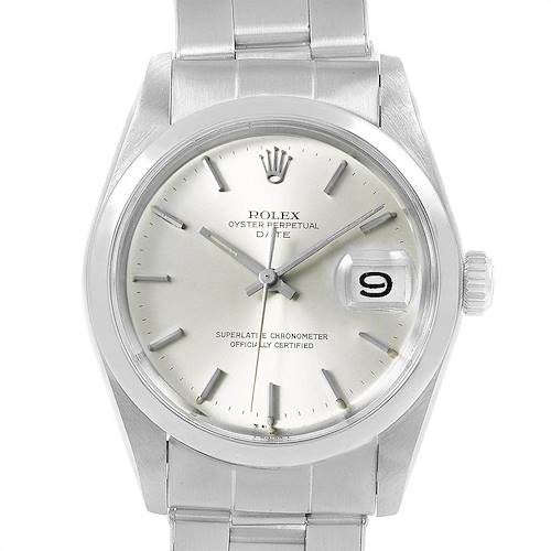 The image shows a front view of the Rolex Vintage Collection 1500 Men's Stainless Steel Silver Dial 1500 Men's Stainless Steel Silver Dial Oyster Perpetual Date with a silver dial and steel bracelet.