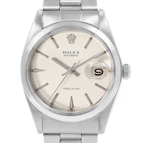 This image shows a front view of a Rolex Vintage Collection 6694 Men's Stainless Steel Silver Dial 6694 Men's Stainless Steel Silver Dial Oysterdate Precision watch, highlighting the face, dial, and part of the bracelet.