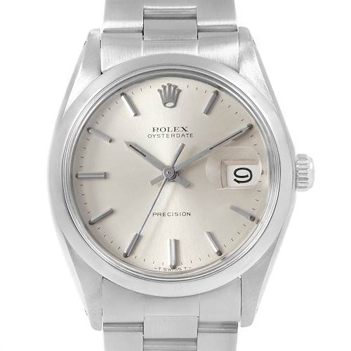 This image shows a front view of a Vintage Collection Rolex Oysterdate Precision watch, showcasing the dial, crown, and bracelet.