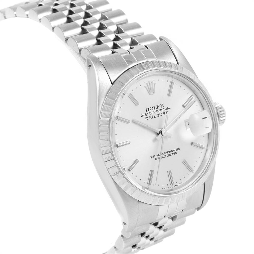 The image shows a close-up angle of the Rolex Vintage Collection 16030 Men's Stainless Steel Silver Dial 16030 Men's Stainless Steel Silver Dial Datejust watch, highlighting its dial, bezel, and part of the metal bracelet.