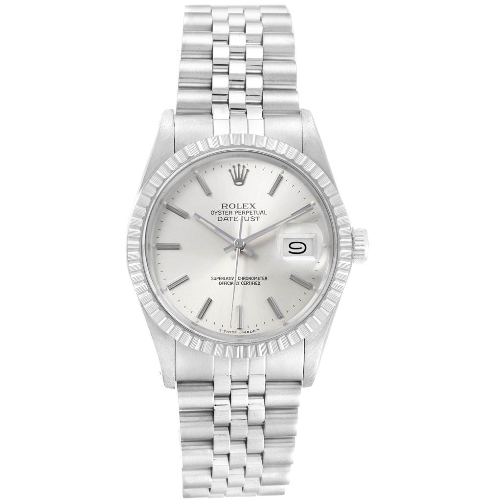 The image shows a front view of the Rolex Vintage Collection 16030 Men's Stainless Steel Silver Dial 16030 Men's Stainless Steel Silver Dial Datejust, displaying the watch face, hands, date window, and bracelet.