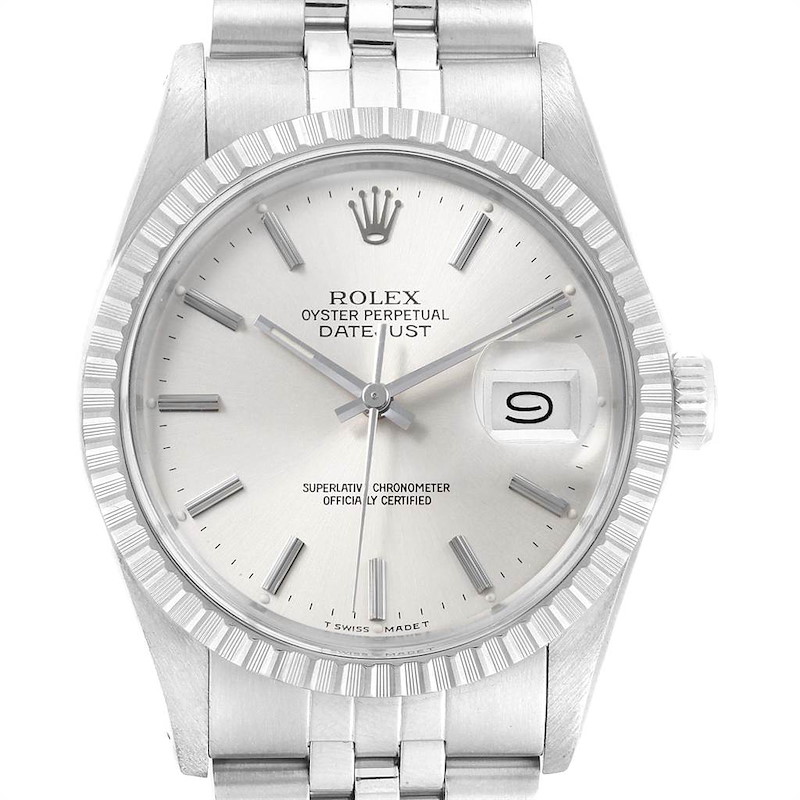 This image shows a front view of the dial, case, bezel, and bracelet of the Vintage Collection Rolex Datejust watch.