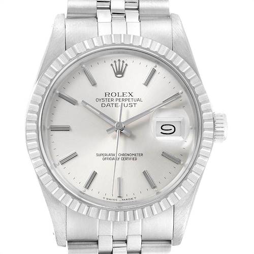 The Rolex Vintage Collection 16030 Men's Stainless Steel Silver Dial 16030 Men's Stainless Steel Silver Dial model watch is shown from the front, displaying its face, fluted bezel, and part of the bracelet.