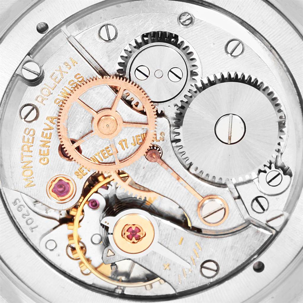 This image shows a close-up view of the mechanism inside a Rolex Vintage Collection 6694 Men's Stainless Steel Silver Dial 6694 Men's Stainless Steel Silver Dial watch.