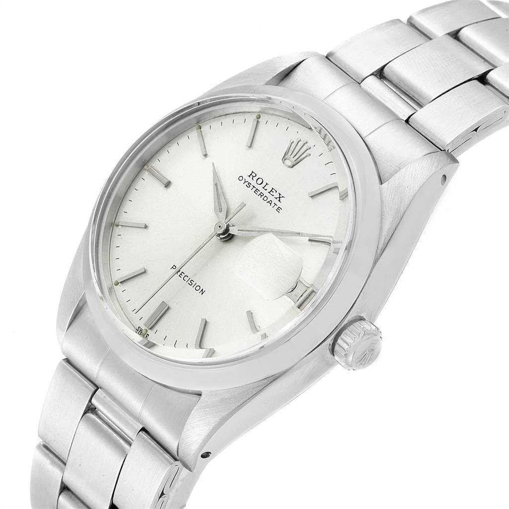 The Rolex Vintage Collection 6694 Men's Stainless Steel Silver Dial 6694 Men's Stainless Steel Silver Dial model Oysterdate is shown at an angled view highlighting the dial, crown, and stainless steel bracelet.