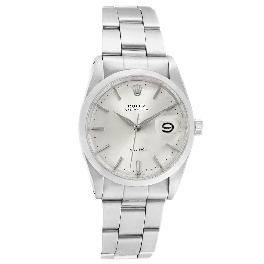 The image shows a front angle of the Rolex Vintage Collection 6694 Men's Stainless Steel Silver Dial 6694 Men's Stainless Steel Silver Dial Oysterdate watch, displaying the dial, hands, date window, and bracelet.