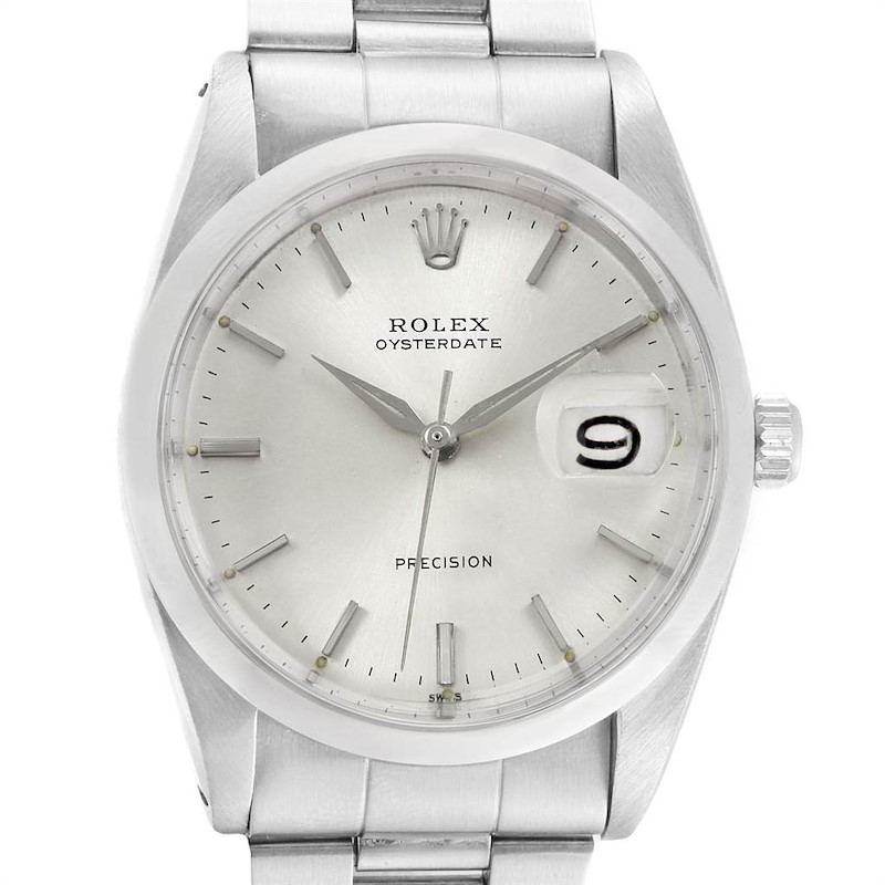 This is a frontal view of a Rolex Vintage Collection 6694 Men's Stainless Steel Silver Dial 6694 Men's Stainless Steel Silver Dial model watch, showing the entire face, bezel, and part of the bracelet.