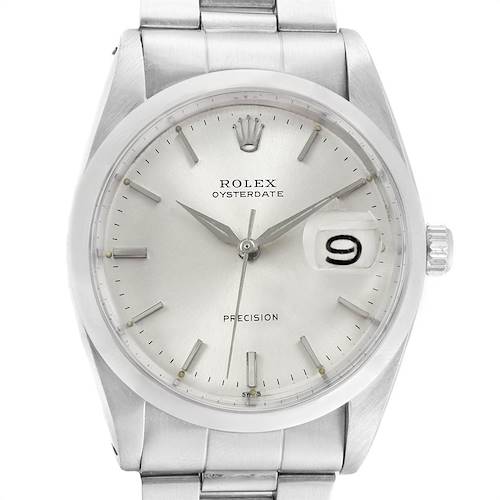 The image shows a front view of the Rolex Vintage Collection 6694 Men's Stainless Steel Silver Dial 6694 Men's Stainless Steel Silver Dial model watch, highlighting its dial, hands, crown, and date window.