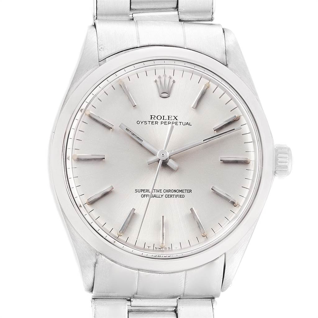 This image shows the front view of the Rolex Vintage Collection 1002 Men's Stainless Steel Silver Dial 1002 Men's Stainless Steel Silver Dial Oyster Perpetual watch, displaying its face, dial, bezel, and part of the bracelet.