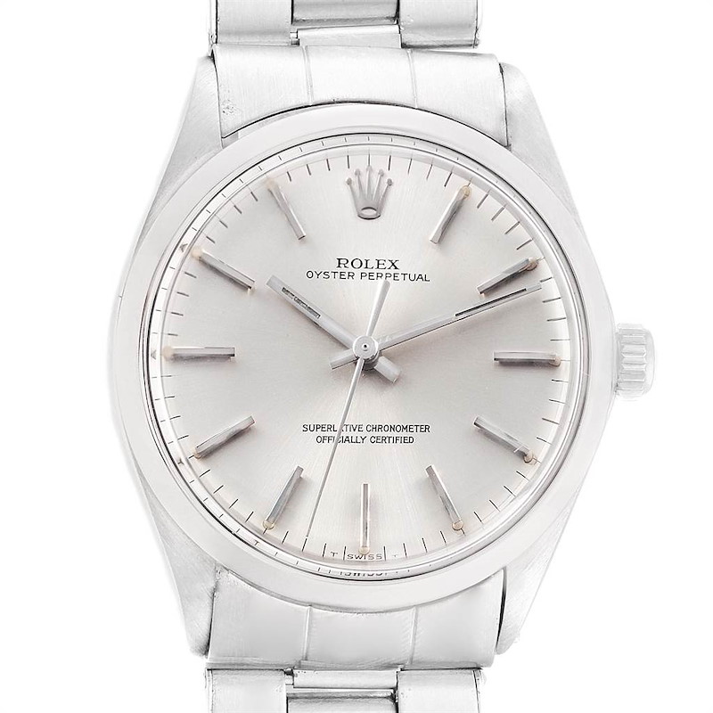 This image shows the front view of the Rolex Vintage Collection 1002 Men's Stainless Steel Silver Dial 1002 Men's Stainless Steel Silver Dial Oyster Perpetual watch, displaying its face, dial, bezel, and part of the bracelet.