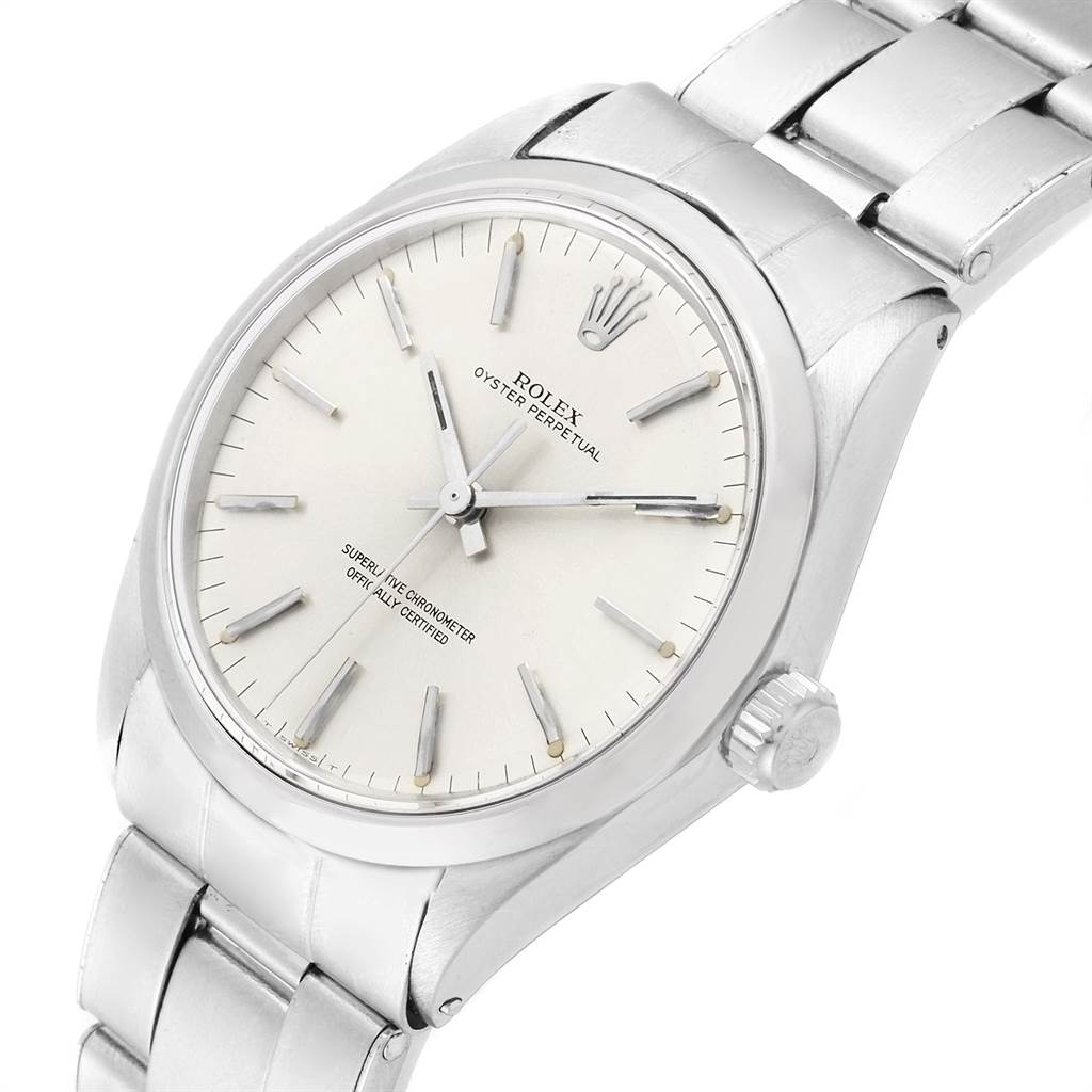 This image shows a close-up, angled view of a Rolex Vintage Collection 1002 Men's Stainless Steel Silver Dial 1002 Men's Stainless Steel Silver Dial model watch, highlighting the dial, crown, and part of the bracelet.