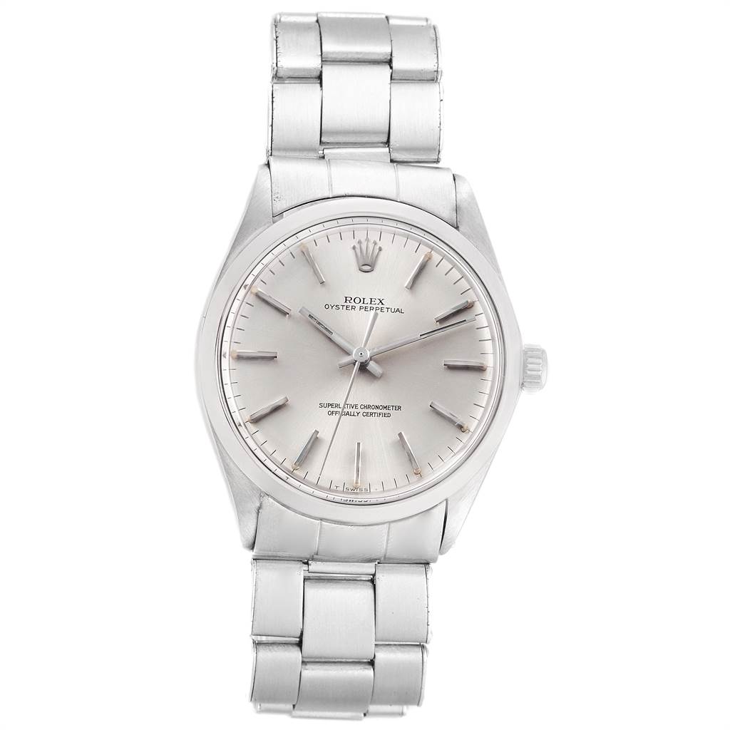 The image shows a front view of a Rolex Vintage Collection 1002 Men's Stainless Steel Silver Dial 1002 Men's Stainless Steel Silver Dial watch, displaying its dial, hands, case, and bracelet.