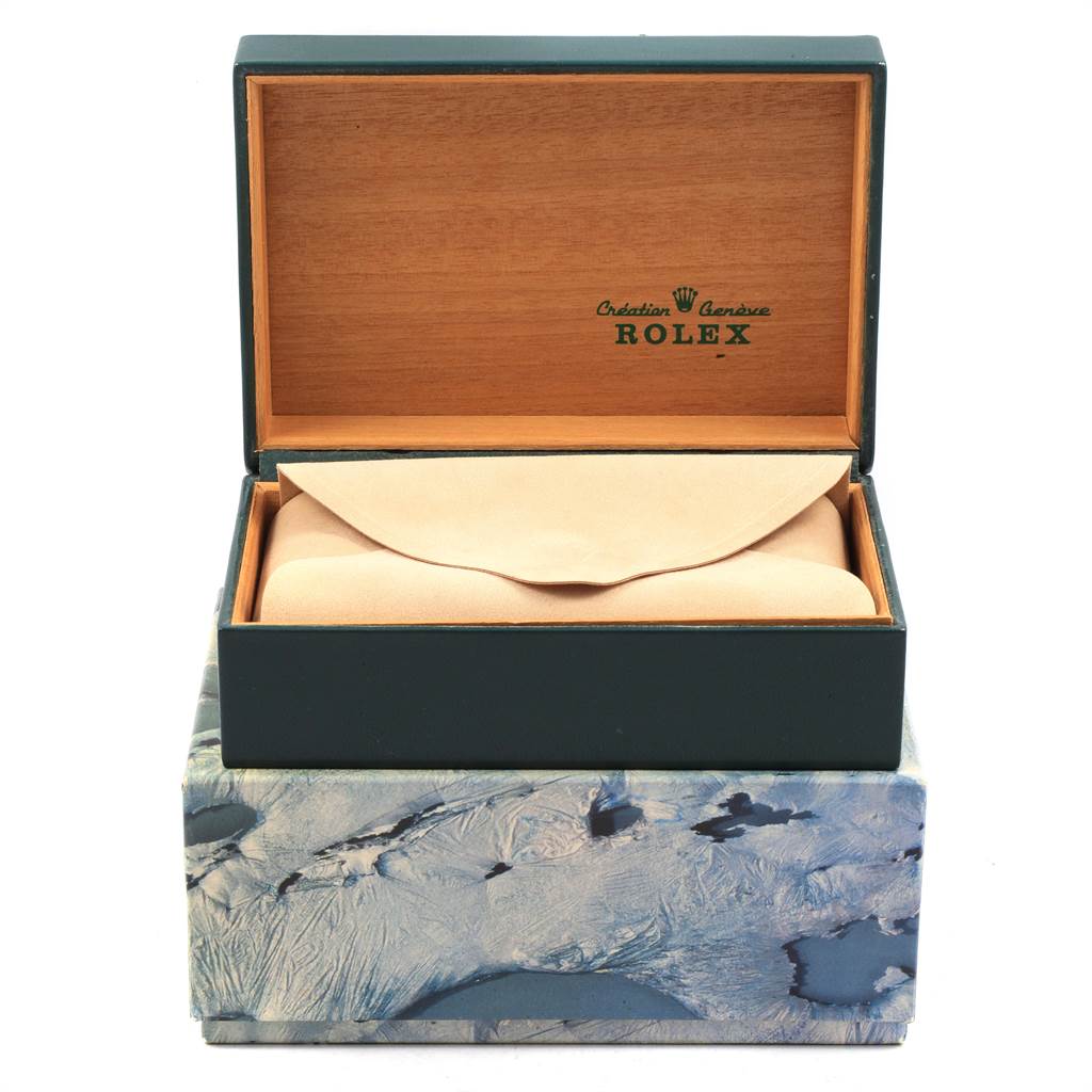 The image shows a Rolex Vintage Collection 1002 Men's Stainless Steel Silver Dial 1002 Men's Stainless Steel Silver Dial watch box, featuring an open lid and a leather pouch inside.