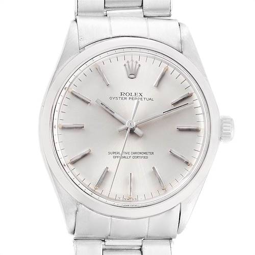 This image shows a frontal view of the dial, bezel, lugs, and part of the bracelet of the Rolex Vintage Collection 1002 Men's Stainless Steel Silver Dial 1002 Men's Stainless Steel Silver Dial Oyster Perpetual watch.