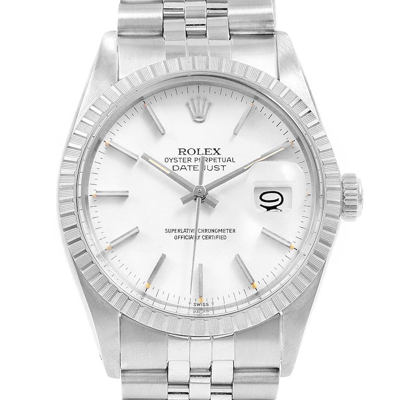 The image shows the front view of a Rolex Vintage Collection 16030 Men's Stainless Steel White Dial 16030 Men's Stainless Steel White Dial Datejust watch, highlighting its face, bezel, and part of the bracelet.