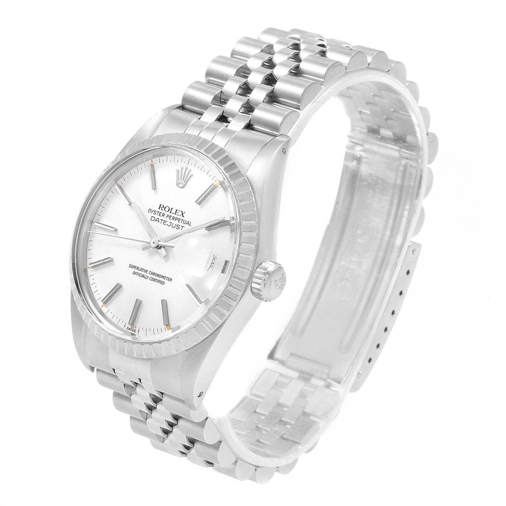 The image shows a Rolex Vintage Collection 16030 Men's Stainless Steel White Dial 16030 Men's Stainless Steel White Dial Datejust watch at a three-quarter angle, highlighting its face and bracelet.