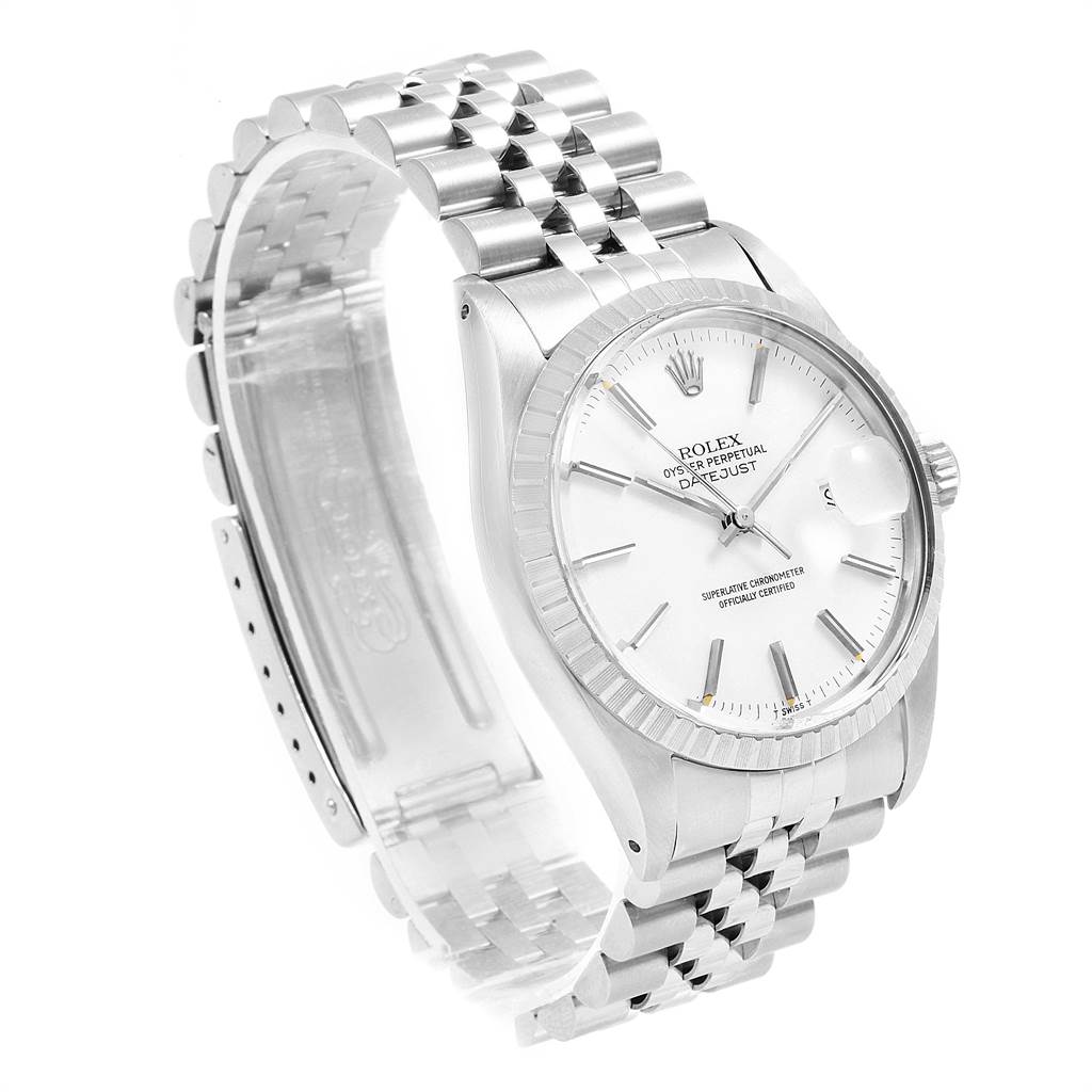 The image shows a Rolex Vintage Collection 16030 Men's Stainless Steel White Dial 16030 Men's Stainless Steel White Dial Oyster Perpetual Datejust watch, taken from a slightly angled side view highlighting the face and bracelet.