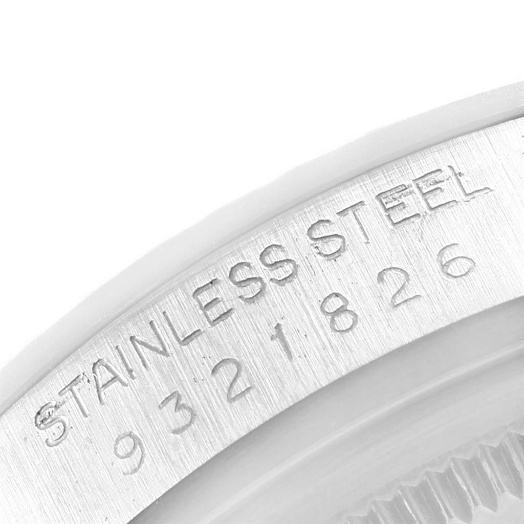 The image shows a close-up angle of the case back of the Rolex Vintage Collection 16030 Men's Stainless Steel White Dial 16030 Men's Stainless Steel White Dial watch, highlighting the engraved stainless steel and serial number.