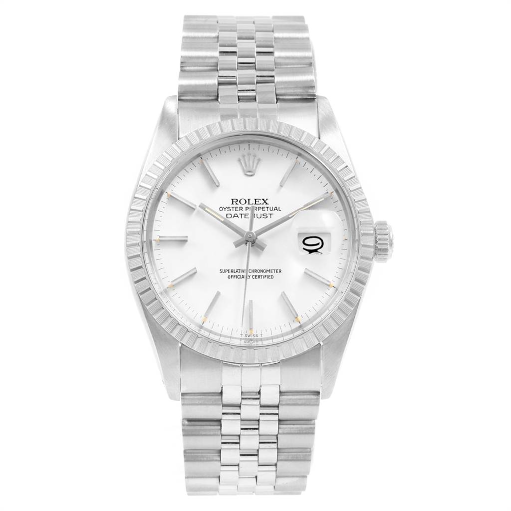 This image shows a front view of the Rolex Vintage Collection 16030 Men's Stainless Steel White Dial 16030 Men's Stainless Steel White Dial model, displaying the face, bezel, and bracelet of the watch.
