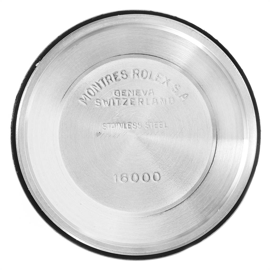 The image displays the inside of the case back for a Rolex Vintage Collection 16030 Men's Stainless Steel White Dial 16030 Men's Stainless Steel White Dial model, with engravings visible.