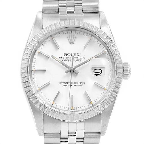 The image shows the front view of the Rolex Datejust Vintage Collection watch, highlighting the dial, bezel, and bracelet.