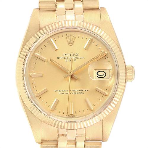 The image shows a frontal view of a Rolex Vintage Collection 1503 Men's Yellow Gold Champagne Dial 1503 Men's Yellow Gold Champagne Dial model, highlighting the dial, date window, and part of the bracelet.