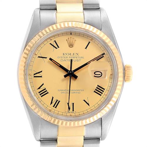 This image shows a frontal view of the Rolex Vintage Collection 16013 Men's Stainless Steel Champagne Dial 16013 Men's Stainless Steel Champagne Dial model, highlighting its face, bezel, and part of the bracelet.