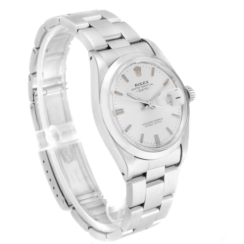 This image shows a Rolex Vintage Collection 1500 Men's Stainless Steel Silver Dial 1500 Men's Stainless Steel Silver Dial model from a front-left angle, highlighting its dial, bezel, and bracelet.