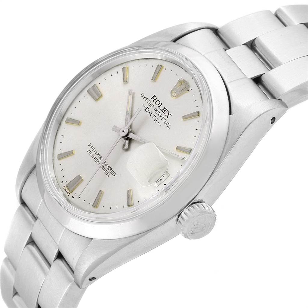 This image shows a side angle of the Rolex Vintage Collection 1500 Men's Stainless Steel Silver Dial 1500 Men's Stainless Steel Silver Dial watch, highlighting the face, bezel, bracelet, and crown.