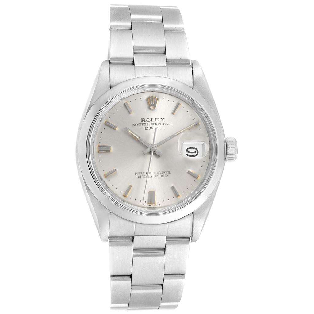 The image shows a front view of a Rolex Vintage Collection 1500 Men's Stainless Steel Silver Dial 1500 Men's Stainless Steel Silver Dial Oyster Perpetual Date watch, highlighting its dial and bracelet.