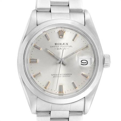 The image shows a front view of the face and bracelet of the Rolex Vintage Collection 1500 Men's Stainless Steel Silver Dial 1500 Men's Stainless Steel Silver Dial Oyster Perpetual Date watch.