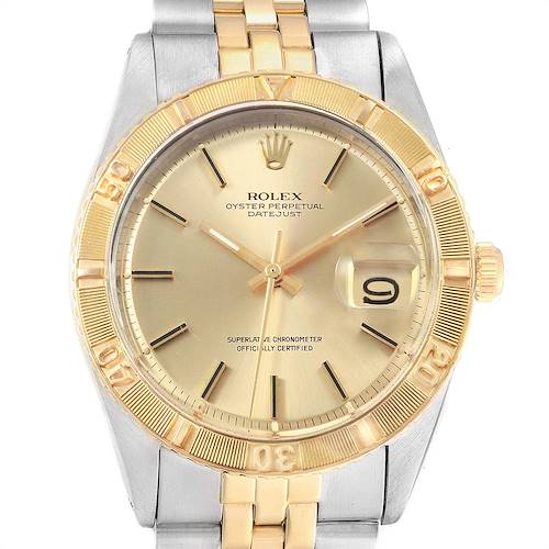 The image shows a frontal view of a Rolex Vintage Collection 1625 Men's Steel and Gold (two tone) Champagne Dial 1625 Men's Steel and Gold (two tone) Champagne Dial Datejust watch, displaying the dial, bezel, and part of the bracelet.