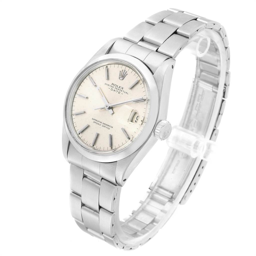 The image shows a Rolex Vintage Collection 1500 Men's Stainless Steel Silver Dial 1500 Men's Stainless Steel Silver Dial model at a 3/4 angle, highlighting its face and bracelet.