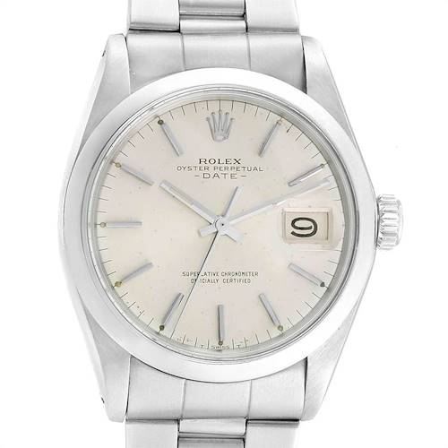 This image shows a frontal view of the dial, bezel, and part of the bracelet of the Rolex Vintage Collection 1500 Men's Stainless Steel Silver Dial 1500 Men's Stainless Steel Silver Dial Oyster Perpetual Date watch.