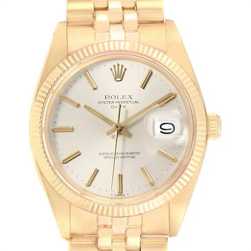 This is a frontal view of a Rolex Vintage Collection 1503 Men's Yellow Gold Silver Dial 1503 Men's Yellow Gold Silver Dial Oyster Perpetual Date watch, showing the dial, hands, date window, and part of the bracelet.